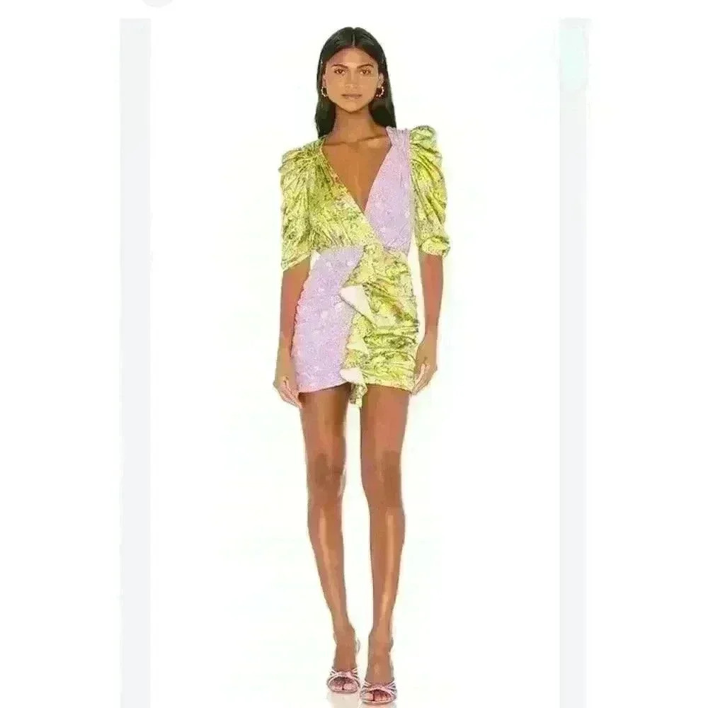 For Love And Lemons Dubois Mixed Print Ruched Mini Dress SZ Small